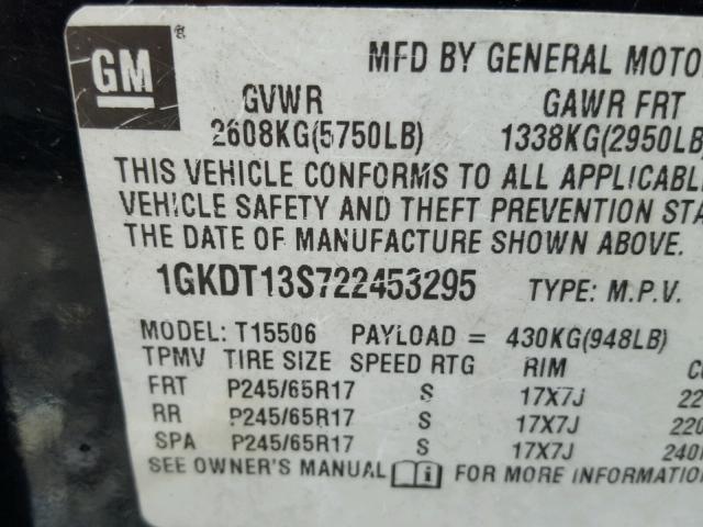 1GKDT13S722453295 - 2002 GMC ENVOY BLACK photo 10