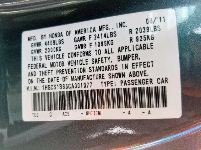 1HGCS1B85CA001077 - 2012 HONDA ACCORD EXL GRAY photo 10