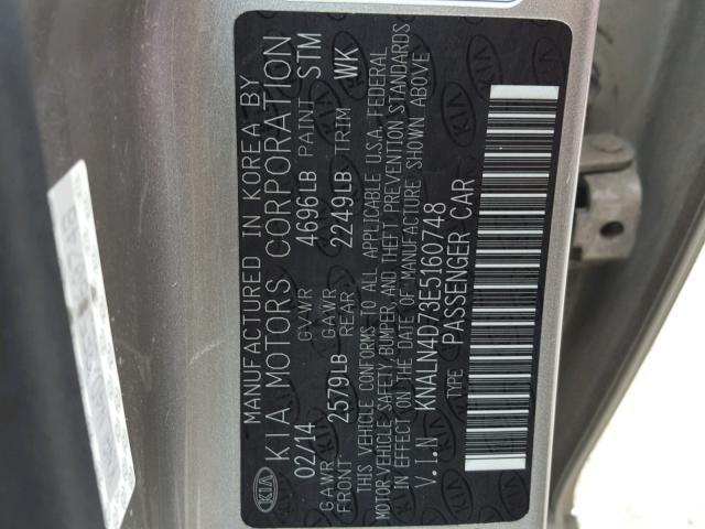 KNALN4D73E5160748 - 2014 KIA CADENZA PR SILVER photo 10