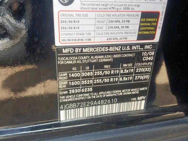 4JGBB72E29A482610 - 2009 MERCEDES-BENZ ML 550 BLACK photo 10