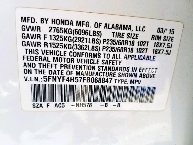 5FNYF4H57FB068847 - 2015 HONDA PILOT EXL WHITE photo 10