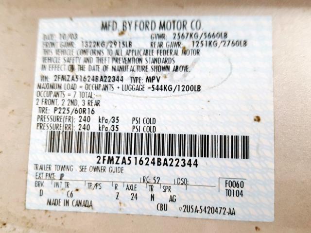 2FMZA51624BA22344 - 2004 FORD FREESTAR S SILVER photo 10