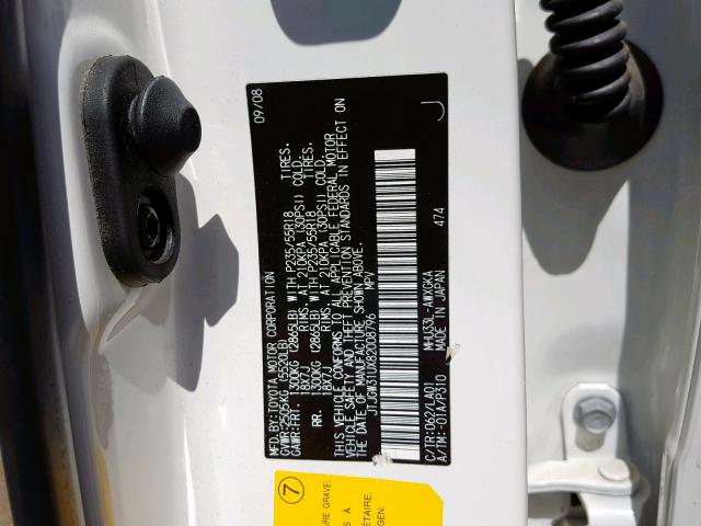 JTJGW31UX82008796 - 2008 LEXUS RX 400H WHITE photo 10