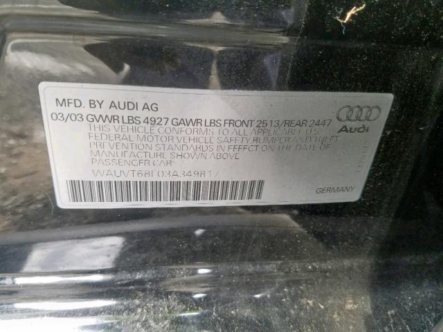 WAUVT68E03A349817 - 2003 AUDI A4 3.0 AVA BLACK photo 10