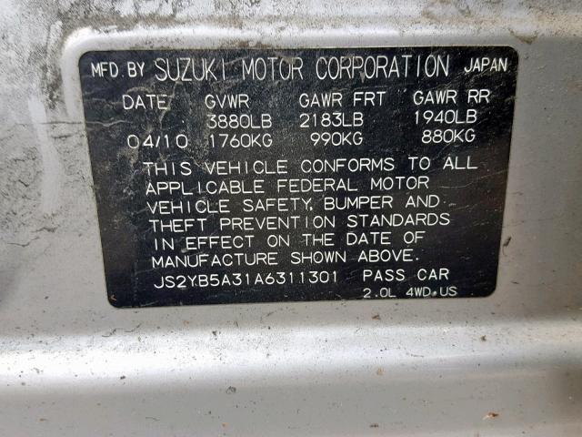 JS2YB5A31A6311301 - 2010 SUZUKI SX4 SILVER photo 10