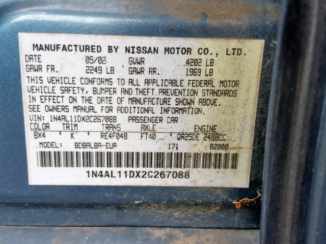 1N4AL11DX2C267088 - 2002 NISSAN ALTIMA BAS BLUE photo 10