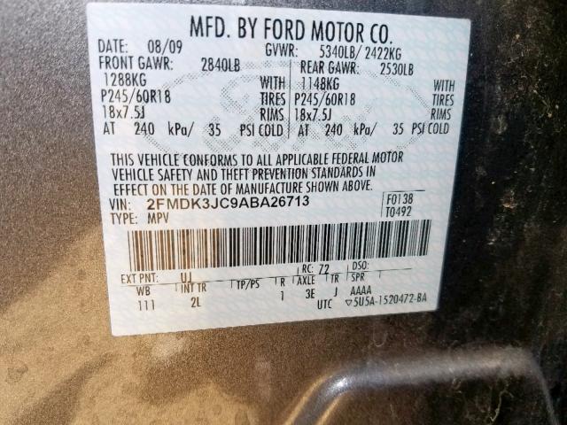 2FMDK3JC9ABA26713 - 2010 FORD EDGE SEL GRAY photo 10