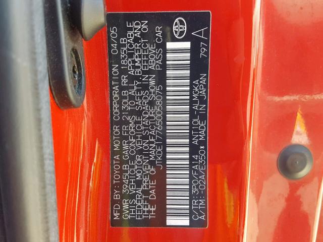 JTKDE177650058075 - 2005 TOYOTA SCION TC წითელი ფოტო 10