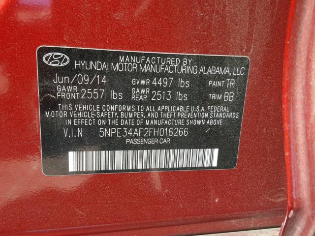 5NPE34AF2FH016266 - 2015 HYUNDAI SONATA SPO RED photo 10