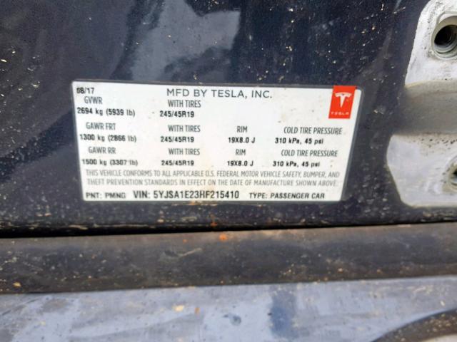5YJSA1E23HF215410 - 2017 TESLA MODEL S رمادي صورة 10
