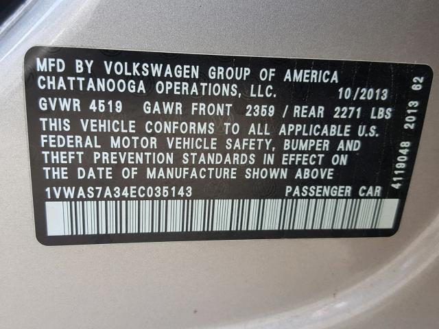 1VWAS7A34EC035143 - 2014 VOLKSWAGEN PASSAT S SILVER photo 10