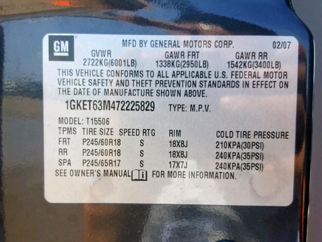 1GKET63M472225829 - 2007 GMC ENVOY DENA GRAY photo 10