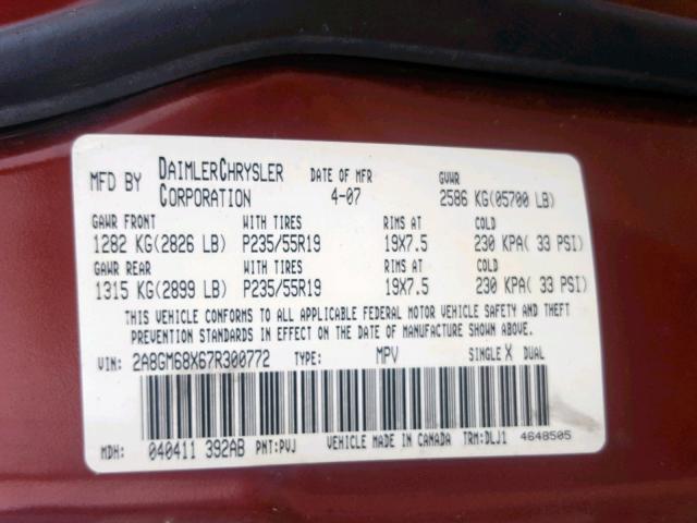 2A8GM68X67R300772 - 2007 CHRYSLER PACIFICA T MAROON photo 10