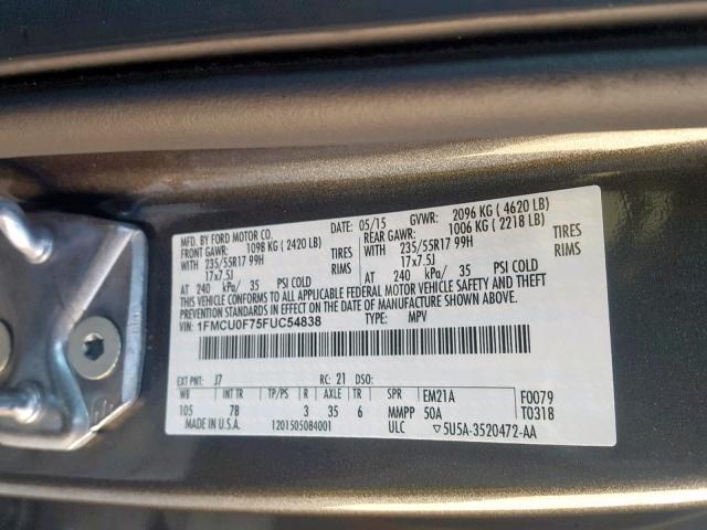 1FMCU0F75FUC54838 - 2015 FORD ESCAPE S GRAY photo 10