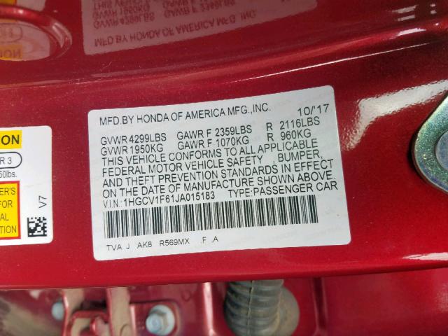 1HGCV1F61JA015183 - 2018 HONDA ACCORD EXL RED photo 10