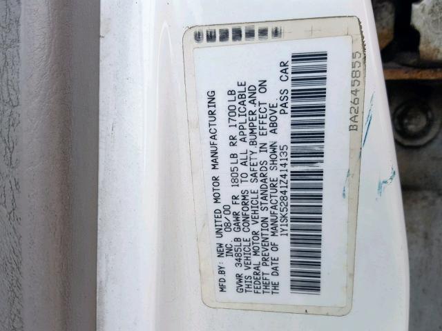 1Y1SK52841Z414135 - 2001 CHEVROLET GEO PRIZM 白色 照片 10