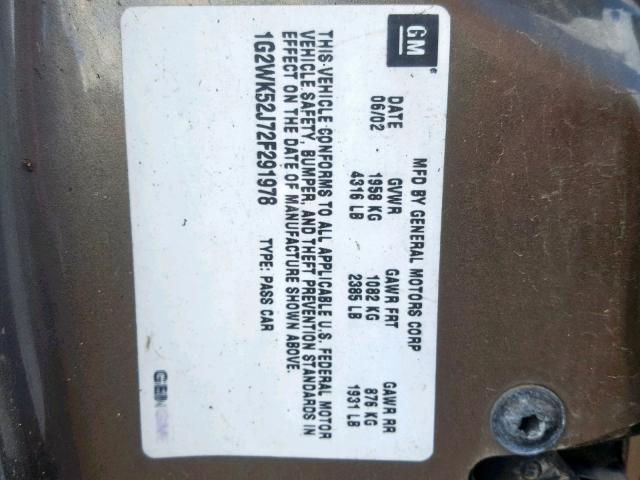 1G2WK52J72F291978 - 2002 PONTIAC GRAND PRIX GRAY photo 10