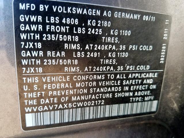 WVGAV7AX5CW002172 - 2012 VOLKSWAGEN TIGUAN S GRAY photo 10