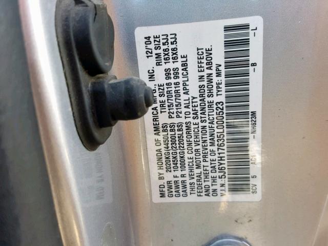 5J6YH17635L000523 - 2005 HONDA ELEMENT EX SILVER photo 10