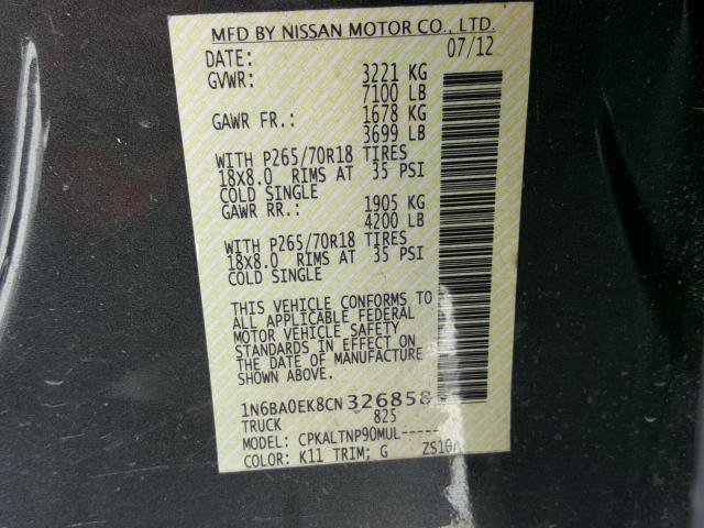 1N6BA0EK8CN326858 - 2012 NISSAN TITAN S GRAY photo 10