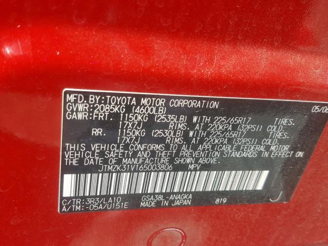 JTMZK31V165003806 - 2006 TOYOTA RAV4 LIMIT RED photo 10