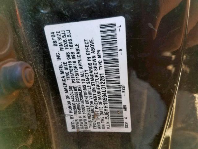 5J6YH18594L012261 - 2004 HONDA ELEMENT EX BLACK photo 10