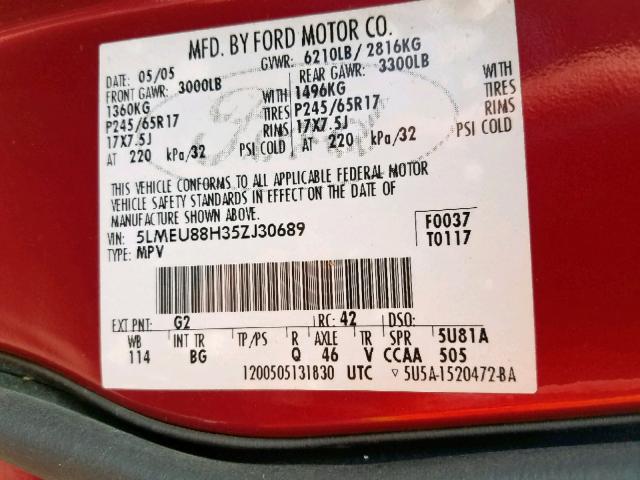 5LMEU88H35ZJ30689 - 2005 LINCOLN AVIATOR 红色 照片 10