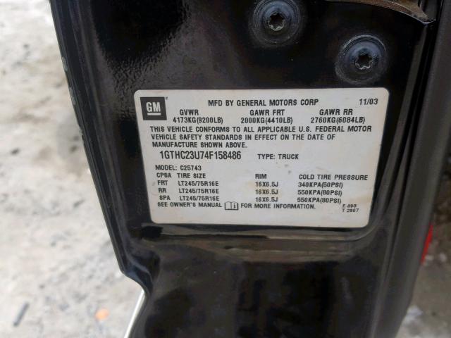 1GTHC23U74F158486 - 2004 GMC SIERRA C25 BLACK photo 10