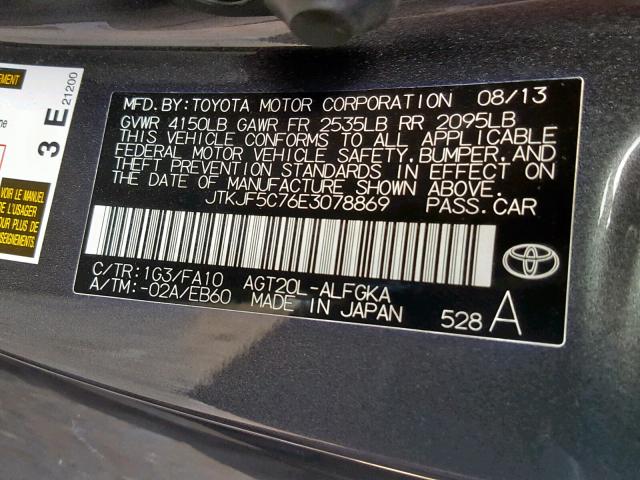 JTKJF5C76E3078869 - 2014 TOYOTA SCION TC ნაცრისფერი ფოტო 10