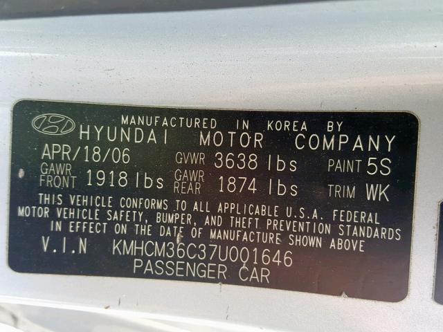 KMHCM36C37U001646 - 2007 HYUNDAI ACCENT GS SILVER photo 10