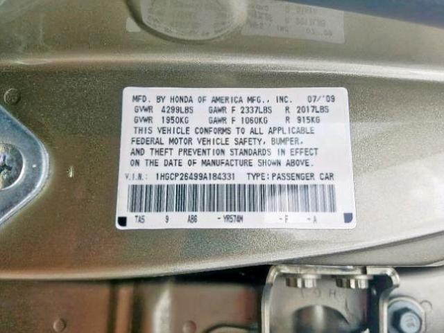 1HGCP26499A184331 - 2009 HONDA ACCORD LXP GOLD photo 10