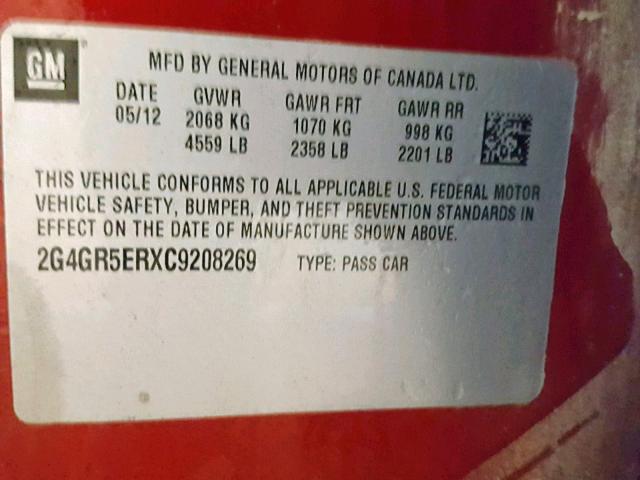 2G4GR5ERXC9208269 - 2012 BUICK REGAL RED photo 10