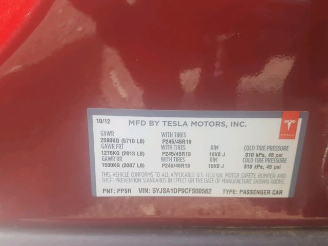 5YJSA1DP9CFS00562 - 2012 TESLA MODEL S BURGUNDY photo 10