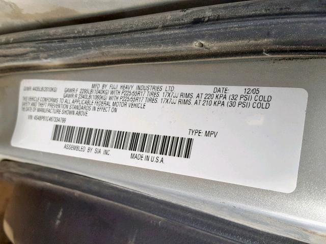 4S4BP61C467334799 - 2006 SUBARU LEGACY OUT SILVER photo 10