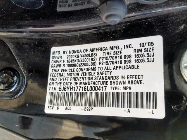 5J6YH17716L000417 - 2006 HONDA ELEMENT EX BLACK photo 10