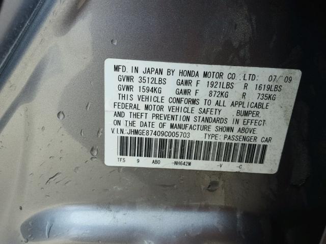 JHMGE87409C005703 - 2009 HONDA FIT SPORT SILVER photo 10