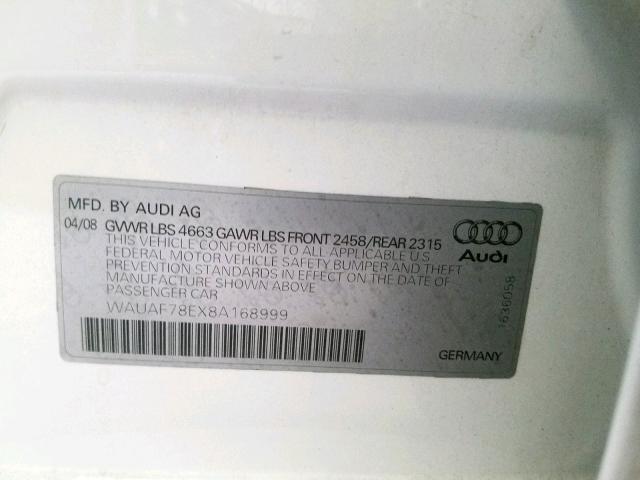 WAUAF78EX8A168999 - 2008 AUDI A4 2.0T WHITE photo 10