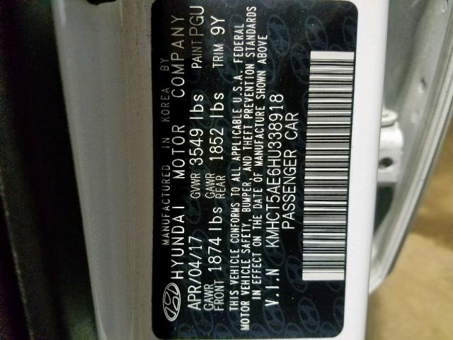 KMHCT5AE6HU338918 - 2017 HYUNDAI ACCENT SE WHITE photo 10