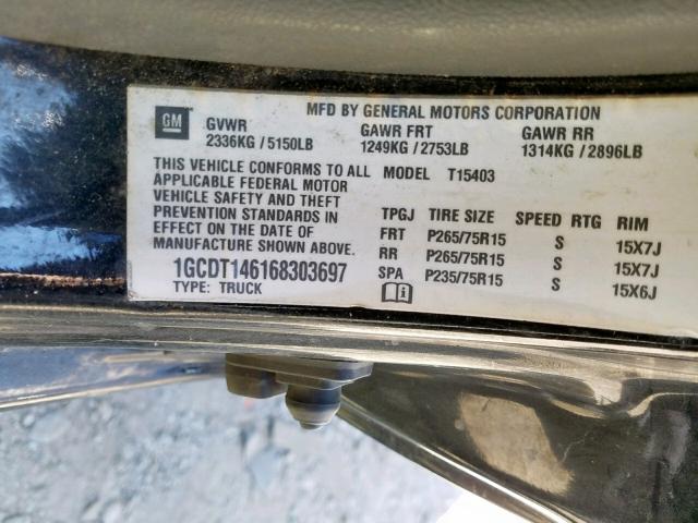 1GCDT146168303697 - 2006 CHEVROLET COLORADO BLACK photo 10