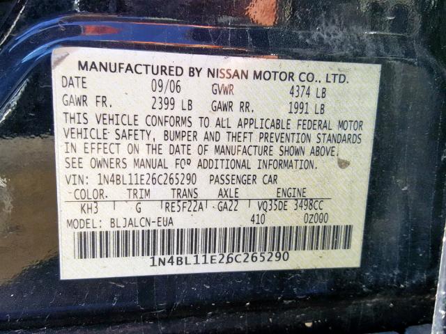 1N4BL11E26C265290 - 2006 NISSAN ALTIMA SE BLACK photo 10