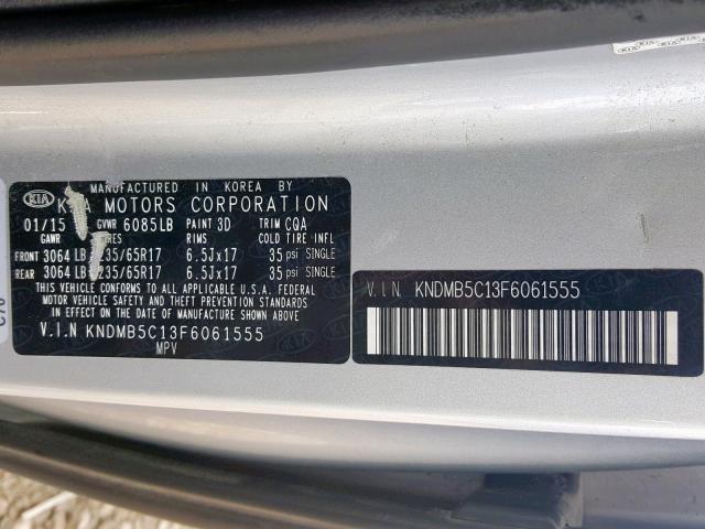 KNDMB5C13F6061555 - 2015 KIA SEDONA LX SILVER photo 10