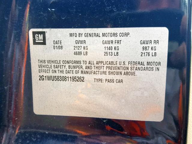 2G1WU583081195262 - 2008 CHEVROLET IMPALA LTZ BLUE photo 10