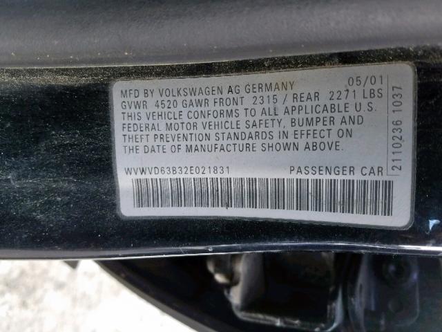 WVWVD63B32E021831 - 2002 VOLKSWAGEN PASSAT GLS BLACK photo 10