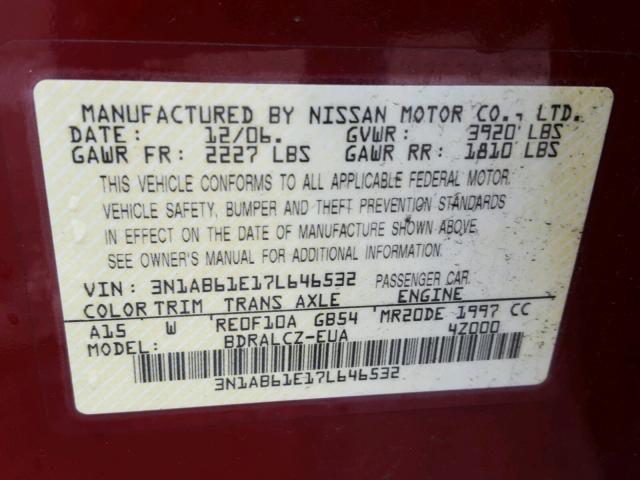 3N1AB61E17L646532 - 2007 NISSAN SENTRA 2.0 RED photo 10