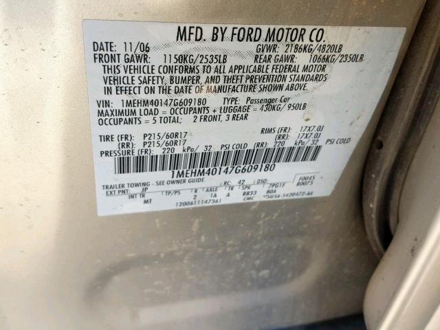 1MEHM40147G609180 - 2007 MERCURY MONTEGO LU SILVER photo 10