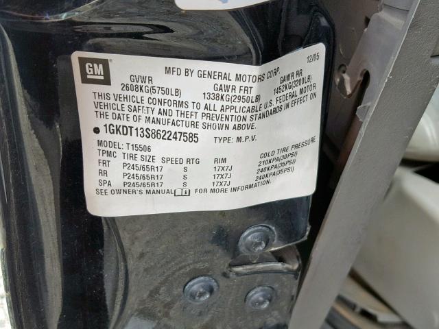 1GKDT13S862247585 - 2006 GMC ENVOY BLACK photo 10