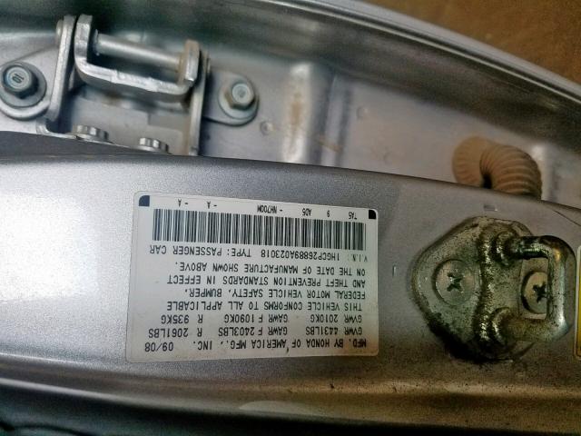 1HGCP26889A023018 - 2009 HONDA ACCORD EXL SILVER photo 10