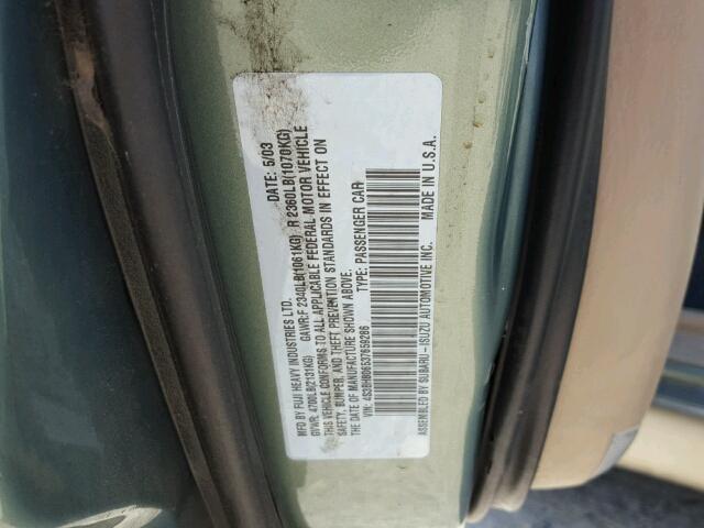 4S3BH806537659286 - 2003 SUBARU LEGACY OUT GREEN photo 10