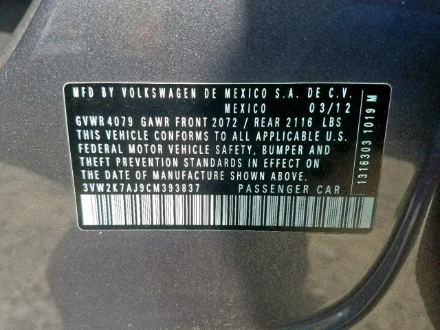 3VW2K7AJ9CM393837 - 2012 VOLKSWAGEN JETTA BASE SILVER photo 10