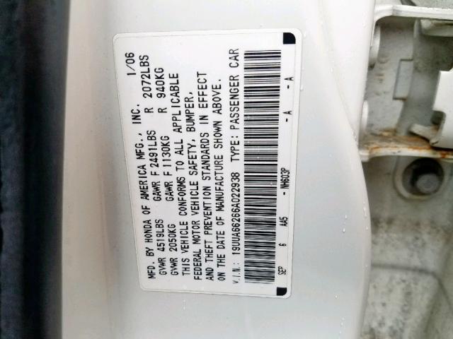 19UUA66266A022938 - 2006 ACURA 3.2TL WHITE photo 10